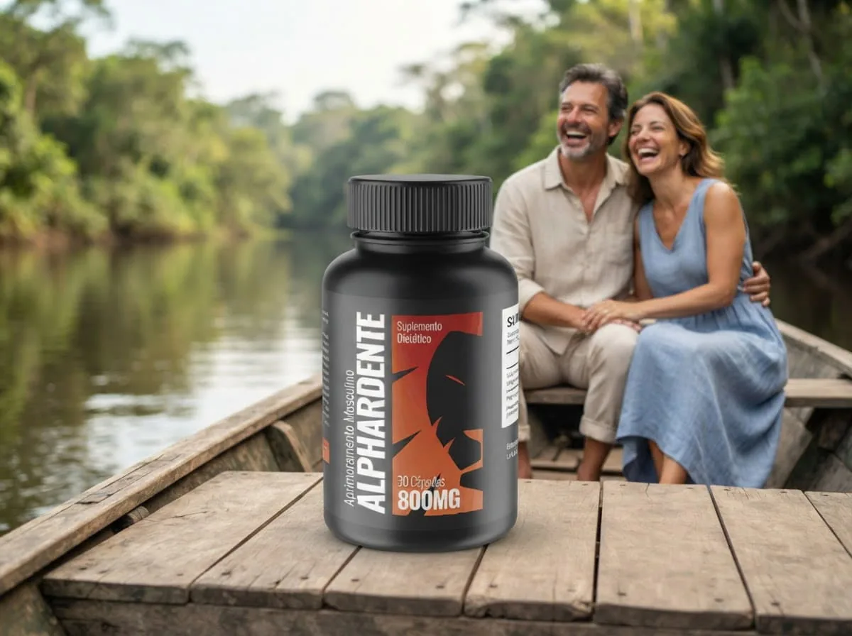Casal sorridente às margens do rio com o frasco de Alphardente Cápsulas