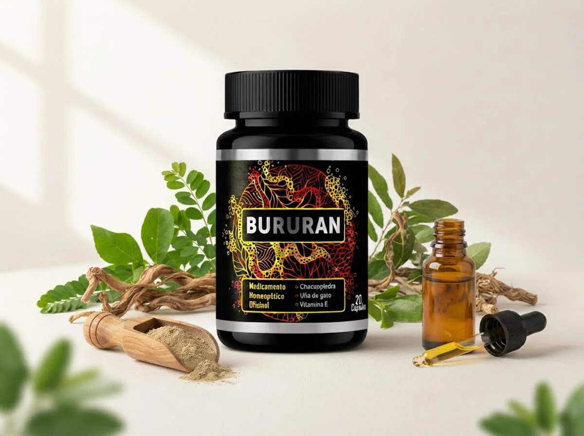Envase de Bururan junto a las plantas de su fórmula: chancapiedra y uña de gato