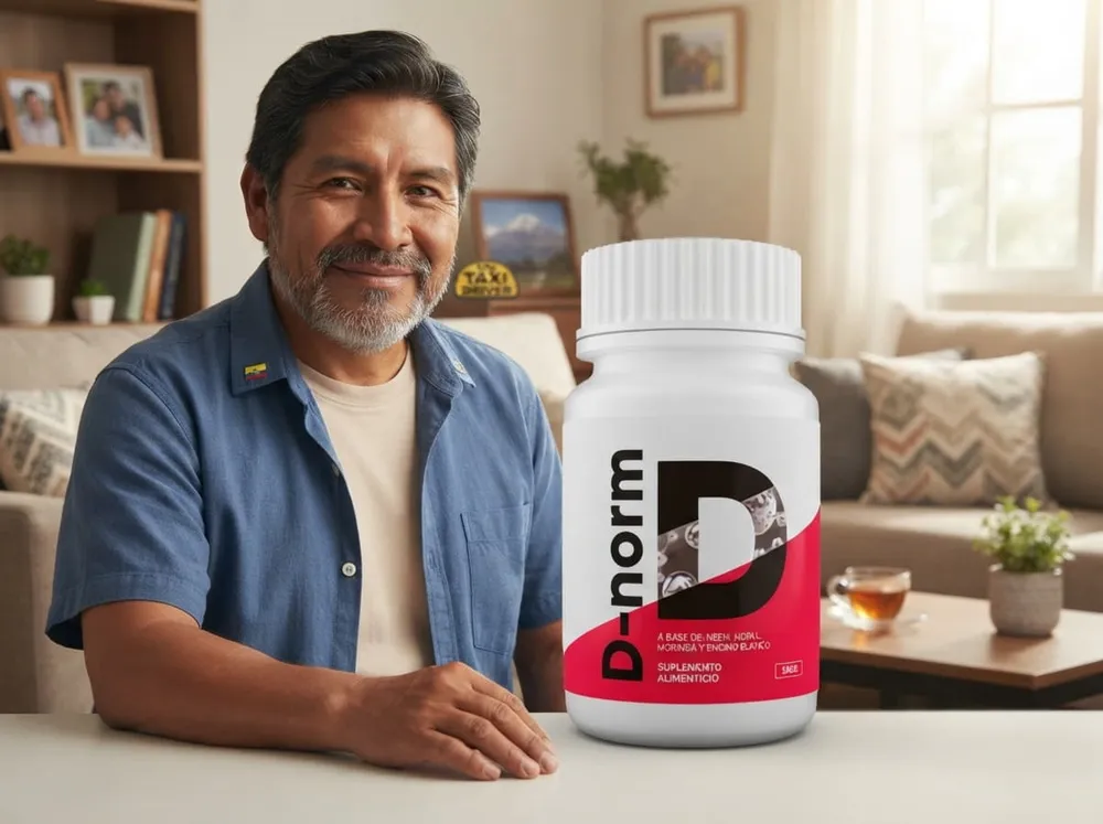 Hombre ecuatoriano en la sala de su casa con el envase de D-Norm sobre la mesa
